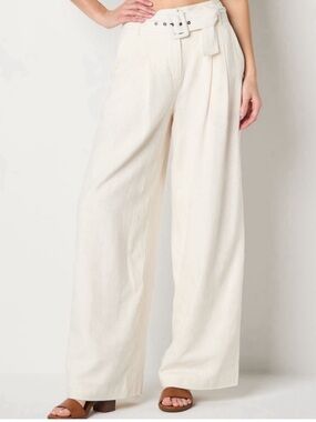 Cream Wide-Leg, High Waist  Belted Pants